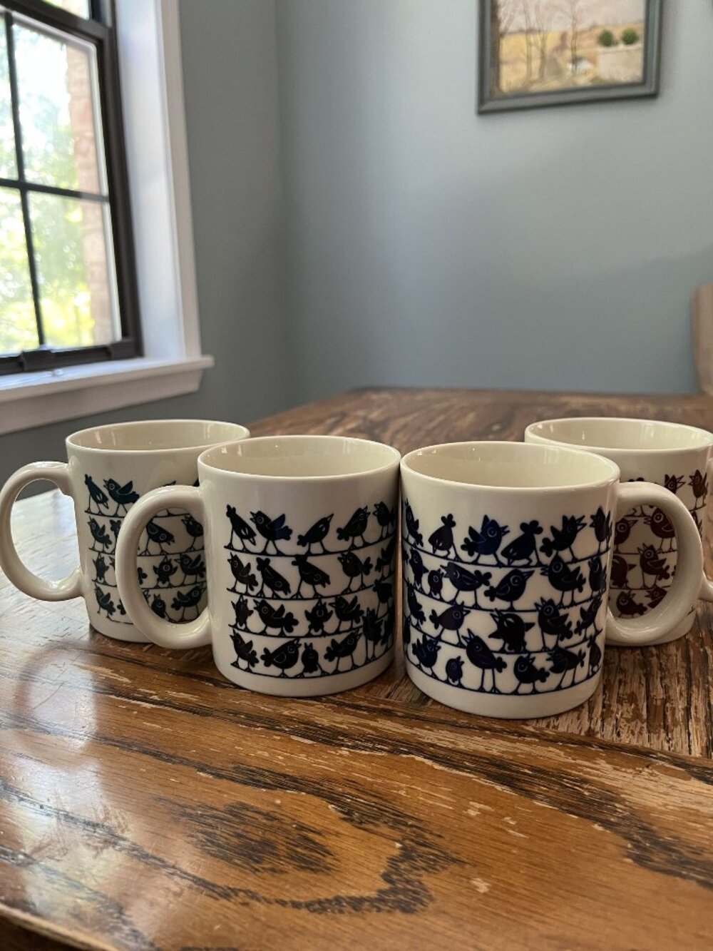 Vintage Birds On a Wire Ceramic Coffee Mugs Set Of 4 Blue Black Brown Green